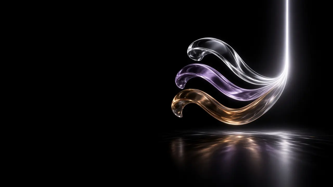 Three glass ribbons pouring into a vertical beam
